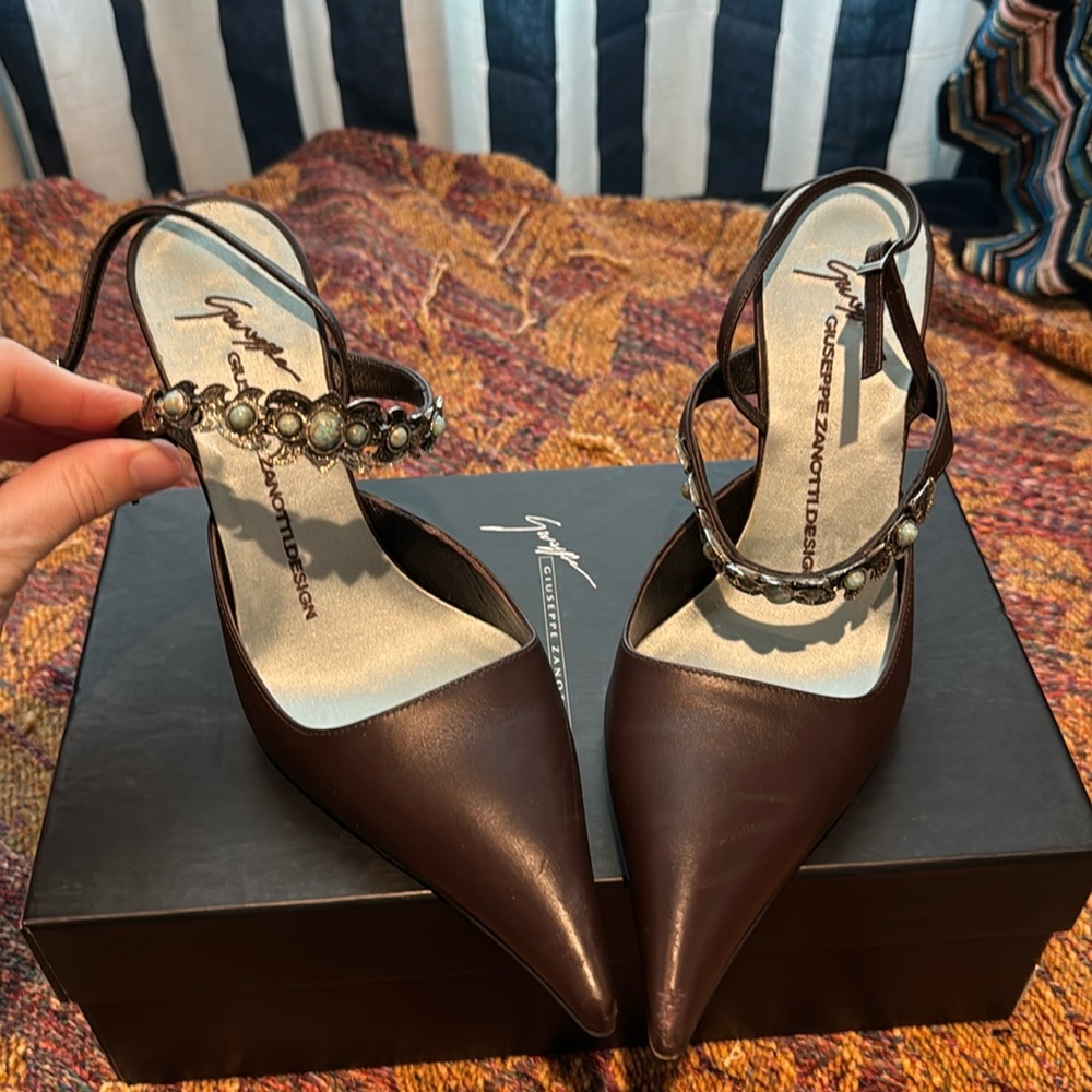 Brown Giuseppe Zanotti heels with turquoise strap